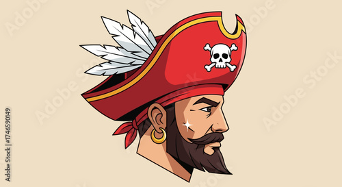 Cartoon illustration depicting a bearded pirate with a red hat and skull emblem  profile view