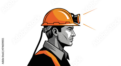 Illustration of a confident coal miner wearing a helmet with a headlamp shining bright