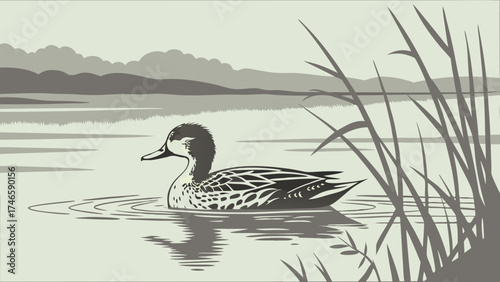 Stylized Duck on Calm Water with Reeds and Distant Hills.