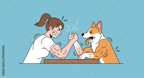 A woman engages in a friendly arm wrestling match with a muscular corgi dog cartoon illustration