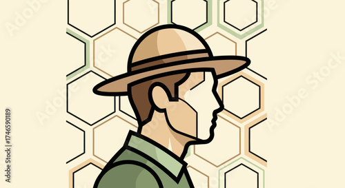Stylized illustration of a beekeeper portrait with honeycomb background design concept