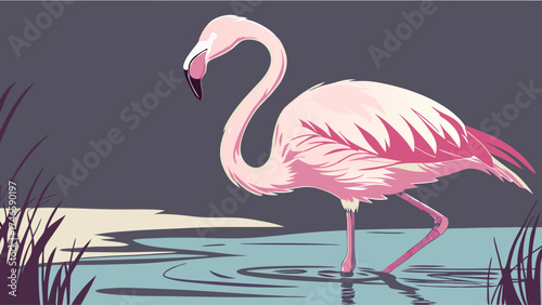 Stylized Flamingo in Water Bird Illustration Pink Feathers Wildlife Art Nature Scene.