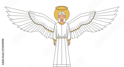 Illustration of a divine angel with golden halo and white wings emanating peace and serenity