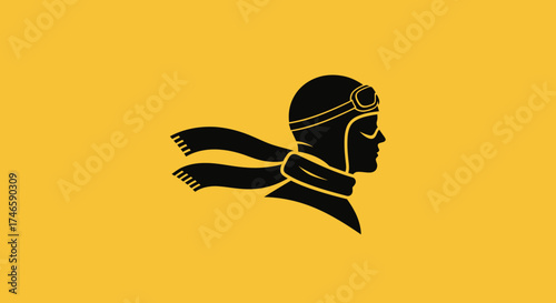 Vintage aviator silhouette graphic on yellow backdrop featuring a pilot with a helmet