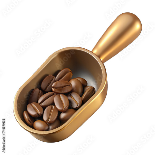 A golden scoop filled with roasted coffee beans on a black background in a close up studio shot Isolated on transparent background, png