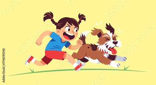 Happy girl running and playing with her dog cartoon vector illustration style