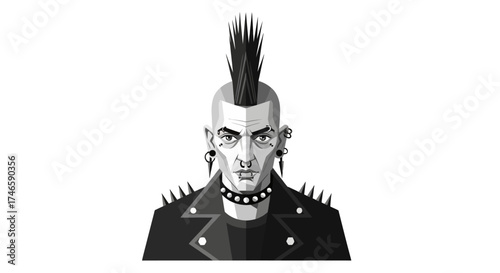 Monochromatic graphic illustration of a punk rocker with a mohawk and spiky jacket
