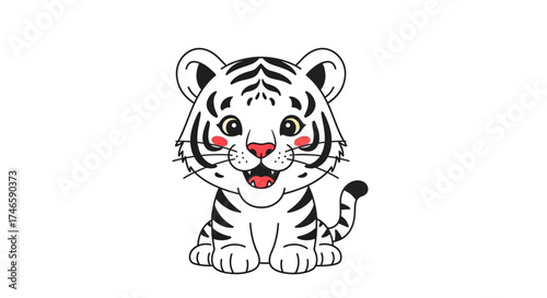 Charming cartoon depiction of a young white tiger cub sitting and smiling brightly