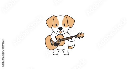 Adorable cartoon dog serenading with an acoustic guitar music and animal fusion