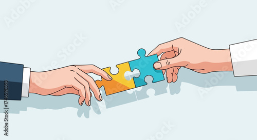 Illustration of Two Hands Connecting Colorful Puzzle Pieces Representing Collaboration and Teamwork