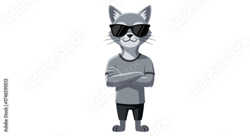 Cartoon depiction of a cool confident cat wearing sunglasses with crossed arms and isolated white