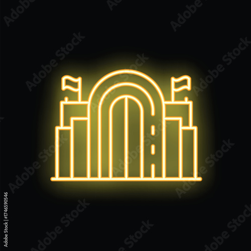 Glowing neon icon of triumphal arch with flags on dark background representing victory and achievement