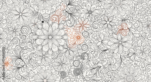 Intricate floral patterns with subtle hints of orange in a black and white sketch.