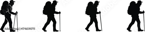 Four silhouette hikers with backpacks and trekking poles in motion sequence journey outdoor adventure vector