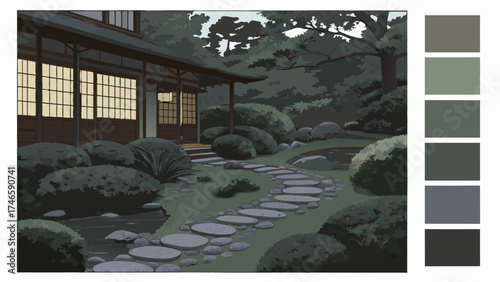 Serene Garden Path at Dusk Tranquil Asian-Inspired Landscape Illustration.