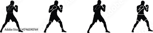 Dynamic silhouettes of a male boxer in guard stance demonstrating strength and athleticism in multiple poses vector