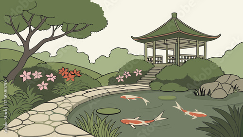 Serene Garden Pond with Koi Fish and Pavilion Illustration.