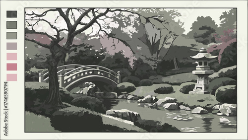 Serene Garden Scene Bridge Stream Lantern and Trees in Monochromatic Style.