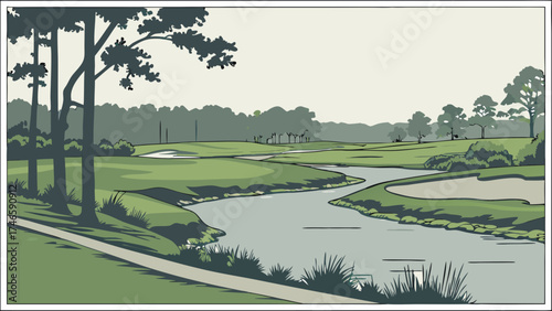 Serene Golf Course Landscape with Winding River and Lush Greenery.