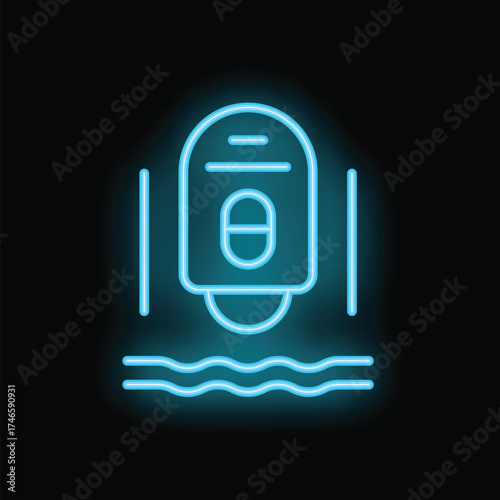 Glowing blue neon icon of a water purifier cleaning water, symbolizing water purification technology