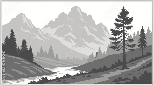 Serene grayscale landscape illustration of a mountain river coniferous forest and majestic peaks.
