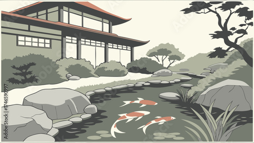 Serene Koi Pond and Pavilion Garden Illustration Asian Inspired Landscape Design Tranquil Water Feature Peaceful Nature Scene.