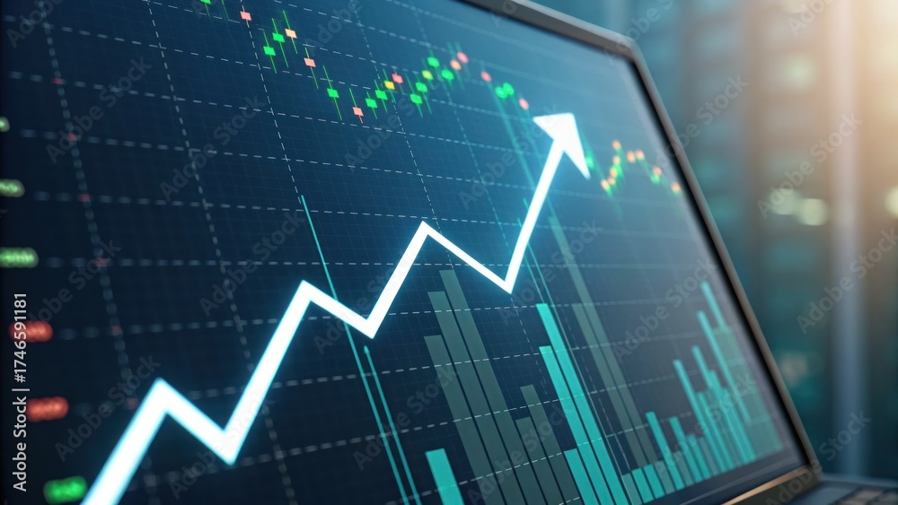 Naklejka premium Dynamic stock market graph showcasing upward investment growth trends with advanced analytics and technology-driven financial data visualization