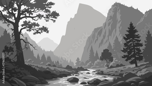 Serene Monochrome Mountain River Landscape with Trees and Rocks.