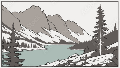 Serene Mountain Lake and Coniferous Forest Illustration Winter Landscape Design Nature Artwork.