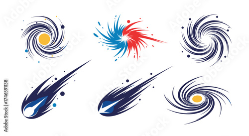 A vibrant collection of abstract cosmic swirls and shooting stars elements.
