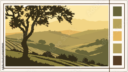 Sunset over rolling hills with a tree silhouette.