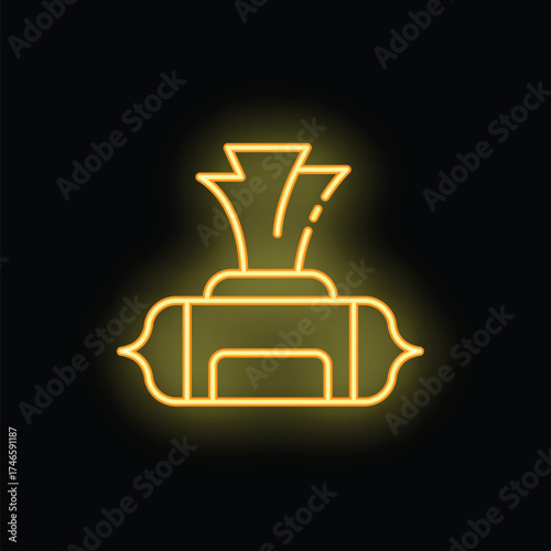 Neon yellow glowing wet wipes pack on black background