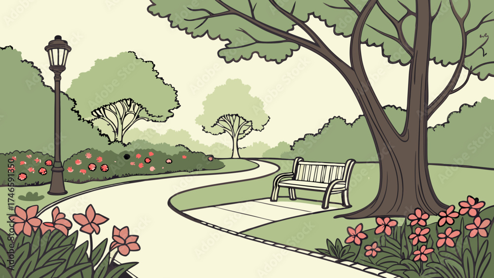 Obraz premium Serene Park Scene Winding Path Bench and Lush Greenery.