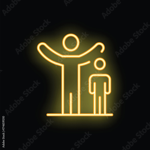 Neon sign depicting an adult with arms raised next to a child, symbolizing concepts like growth, support, and the parent child bond