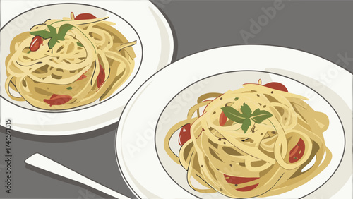 Two plates of spaghetti with cherry tomatoes and basil overhead shot.