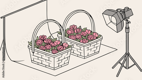 Two wicker baskets filled with pink flowers studio lighting setup product photography illustration.