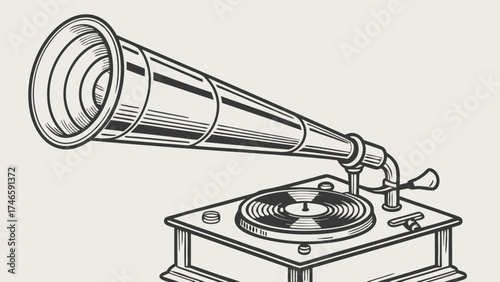 Vintage Gramophone Illustration Antique Phonograph Record Player Design Retro Music Vector Graphic.
