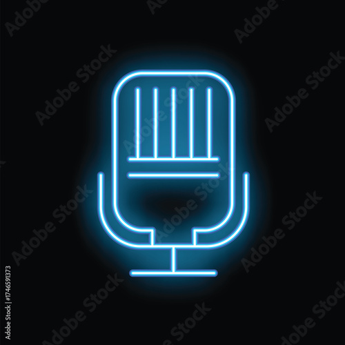 Blue neon sign representing a vintage microphone, glowing on a black background, perfect for concepts such as music, podcast or audio recording