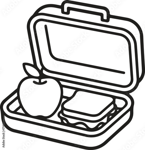Simple line art of an open lunchbox with an apple and sandwich
