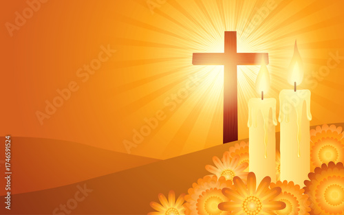 All Saints Day Background with Candles, Cross, and Glowing Light, Christian Religious Illustration