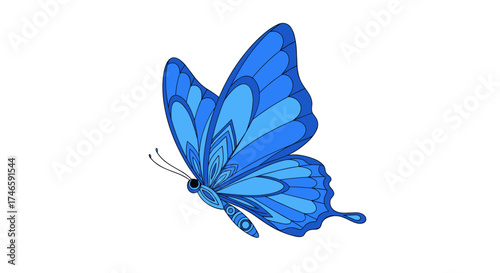 A beautiful blue butterfly with intricate patterns in its wings flying gracefully.