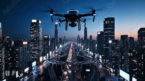 A drone flying over a futuristic city skyline with illuminated buildings and a busy highway at night.