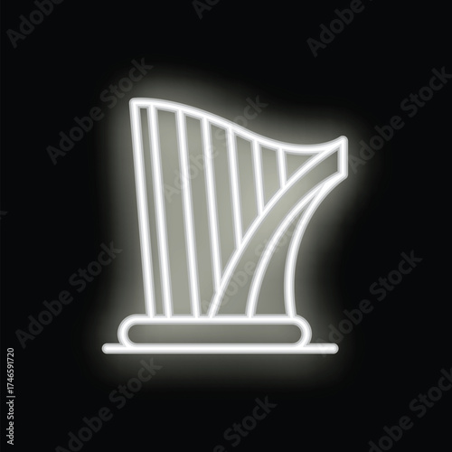 White neon sign of an ancient harp glowing on a black background
