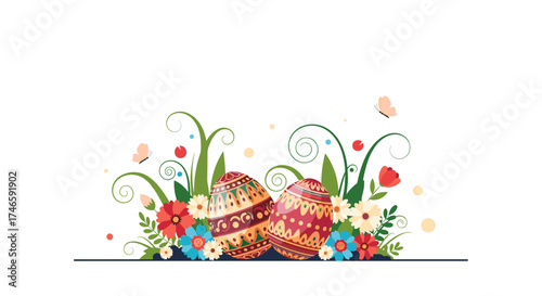 Decorated easter eggs nestled among spring flowers and butterflies with whimsical swirls.