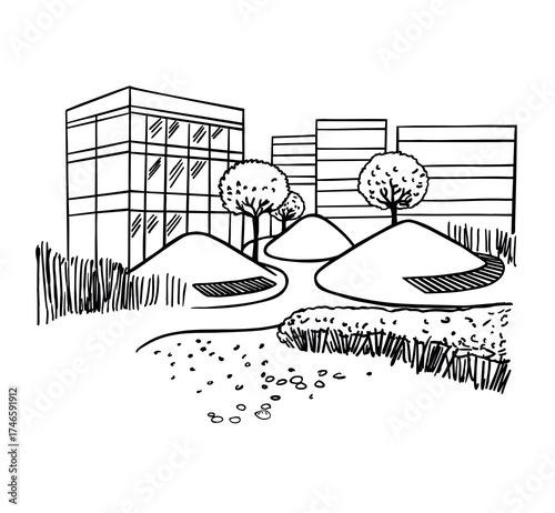 Urban garden modern landscape design with geoplastics line art
