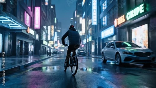A person rides a bicycle down a wet city street at night, illuminated by vibrant neon signs.
