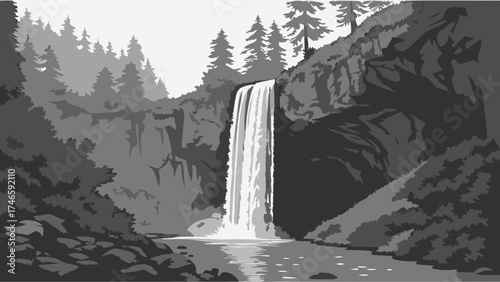 Waterfall in a Forest Monochrome Nature Illustration Scenic Landscape Design Grey Scale Cascade Nature Photography Style.