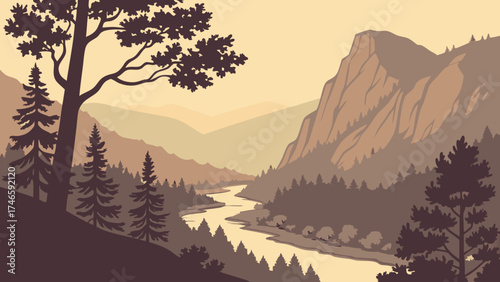 Serene River Valley Landscape Majestic Mountains Coniferous Forest and Winding River at Dawn or Dusk.