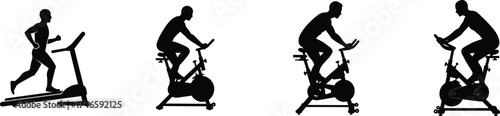 Silhouette icons of people exercising on treadmill and stationary bicycles for fitness and workout concepts vector