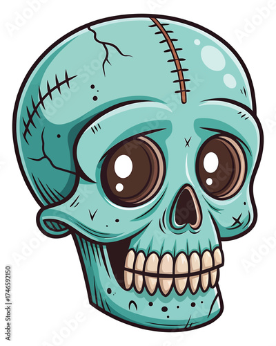 Cartoon zombie skull with stitches and wide eyes for halloween
